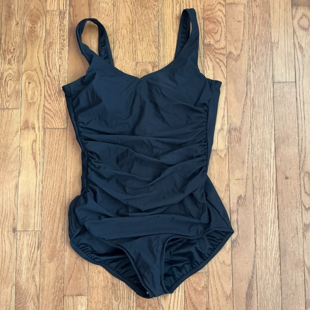 Lands End Womens Black One Piece Swimsuit Size 14 Halter Ruched Comfy